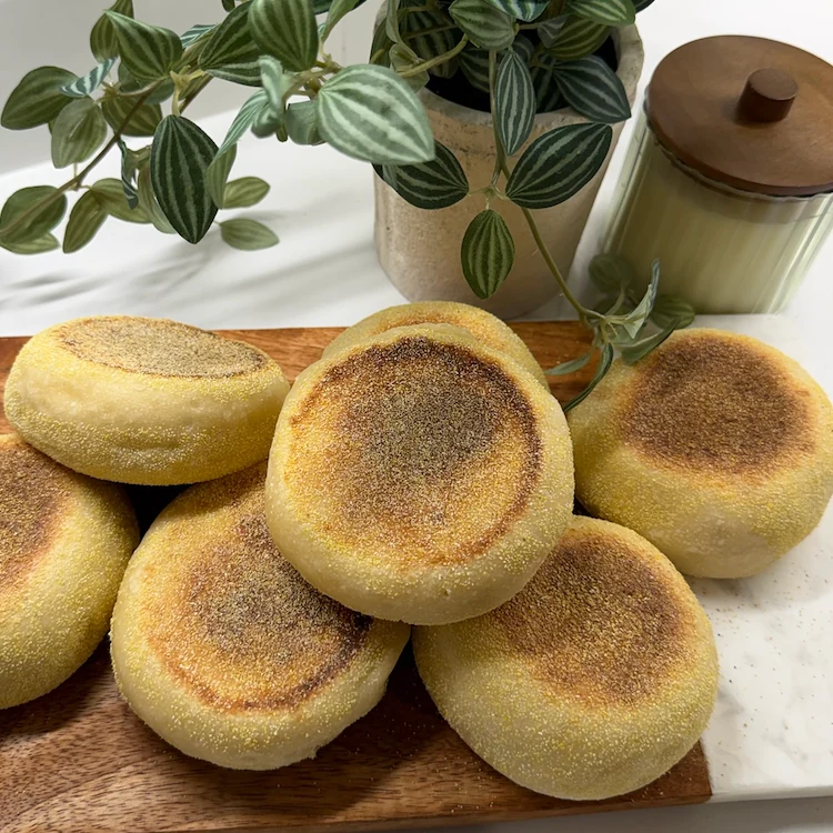 Goldenrod Bakery's English muffins on a wooden board
