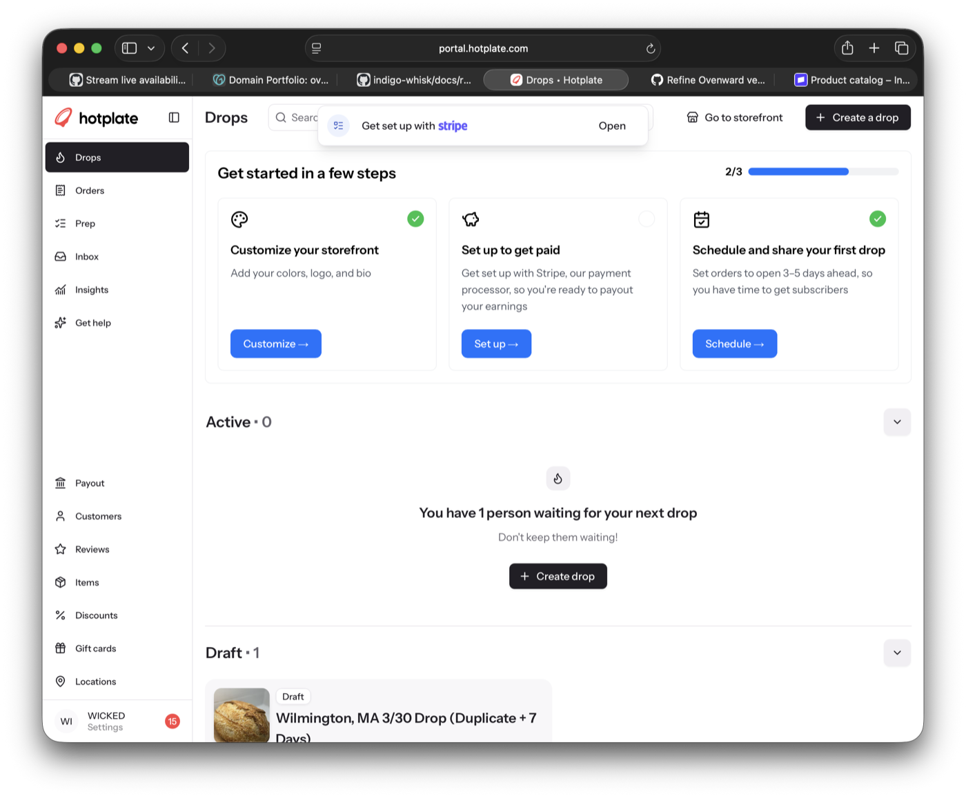Hotplate vendor portal with Customers visible in the left navigation