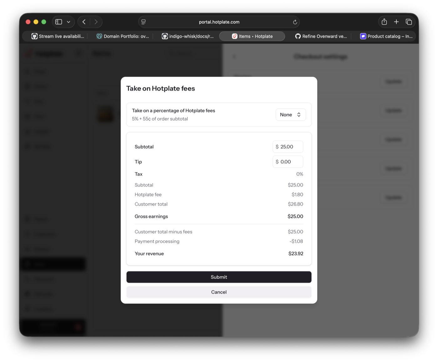 Hotplate fee controls showing a five percent plus fifty-five cent customer platform fee